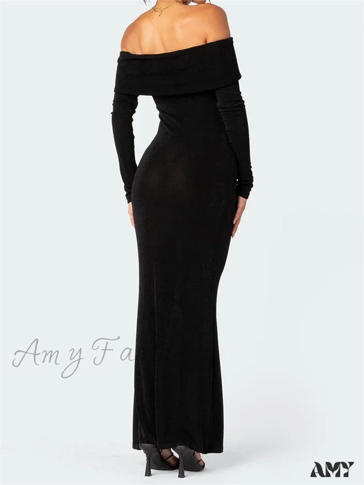 Amy Fashion - Elegant Women  Slash Neck Off Shoulder Bodycon Black Solid  Sleeve Party  Formal Female Vestidos - Image 4