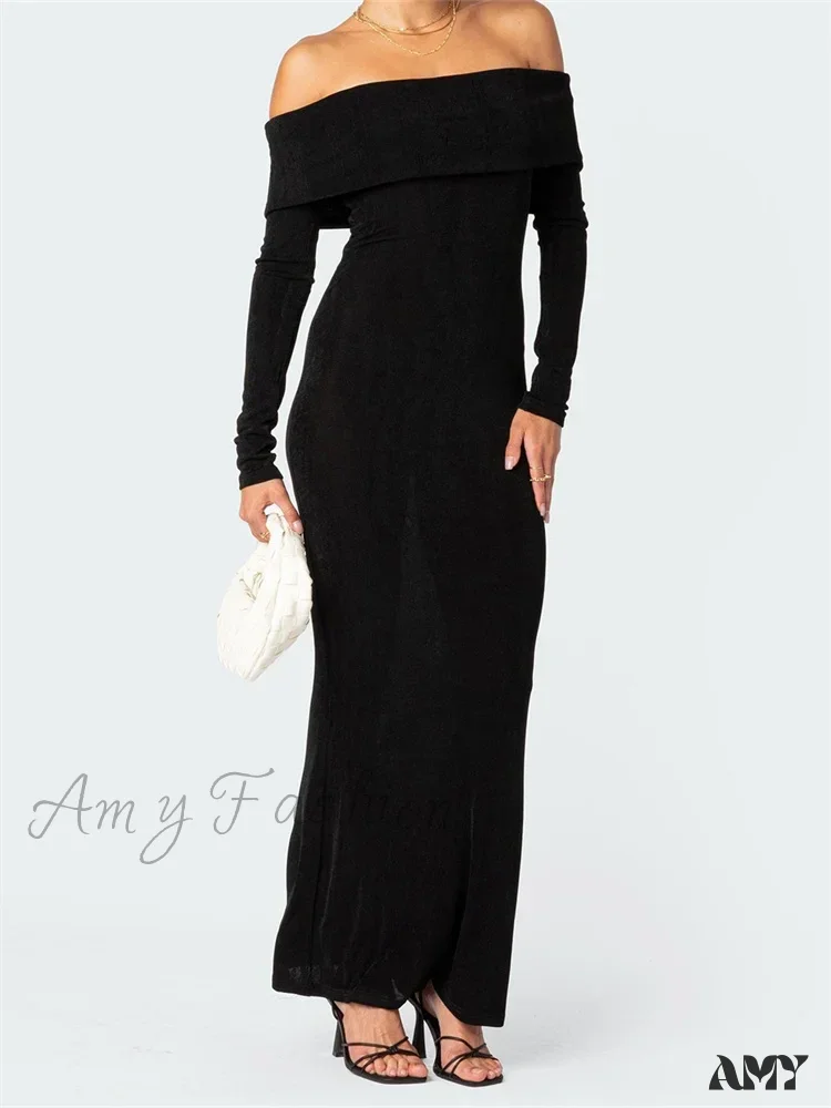 Amy Fashion - Elegant Women  Slash Neck Off Shoulder Bodycon Black Solid  Sleeve Party  Formal Female Vestidos - Image 5