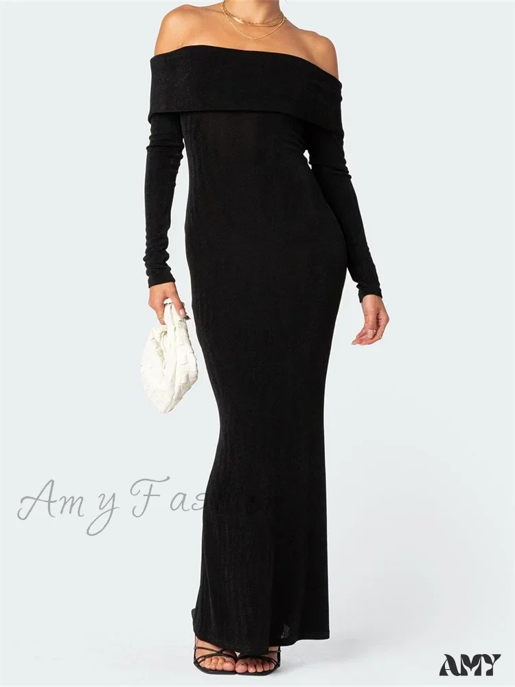 Amy Fashion - Elegant Women  Slash Neck Off Shoulder Bodycon Black Solid  Sleeve Party  Formal Female Vestidos - Image 6