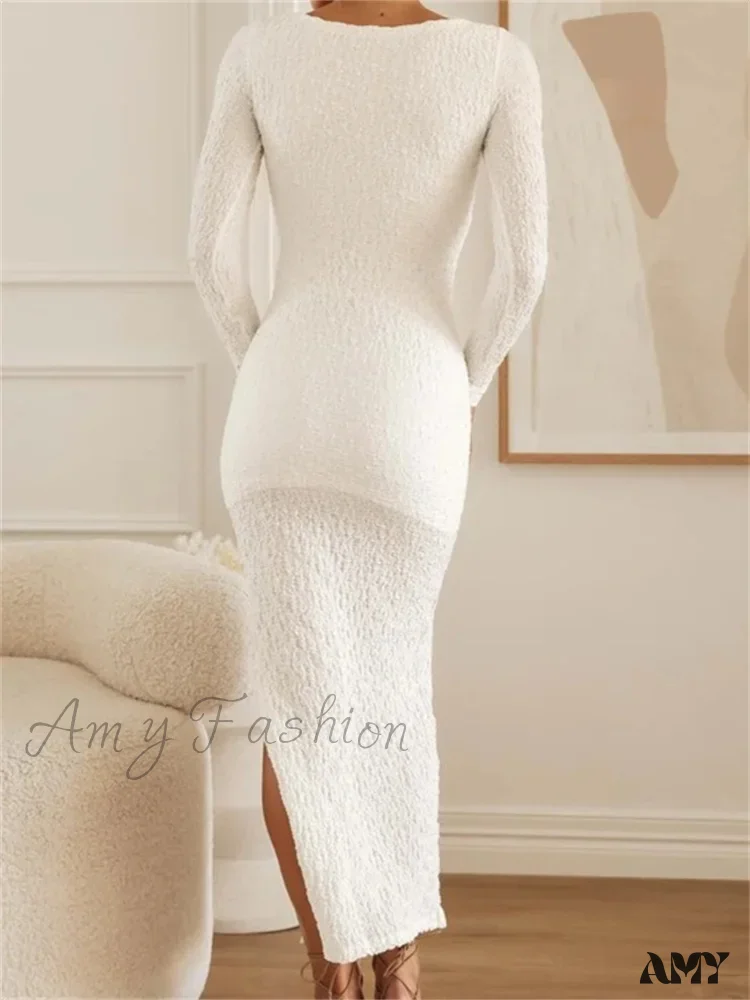 Amy Fashion - Elegant Women  Sleeve Ruched  Round Neck Low Cut Side High Split White Party Female Vestidos - Image 3
