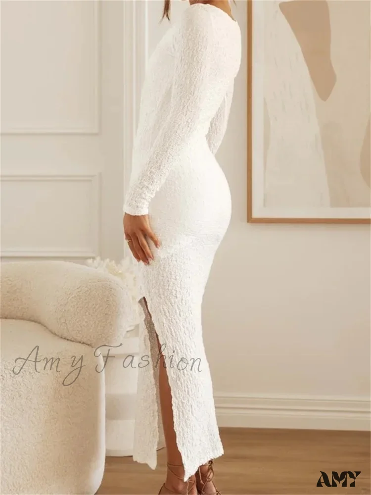 Amy Fashion - Elegant Women  Sleeve Ruched  Round Neck Low Cut Side High Split White Party Female Vestidos - Image 4