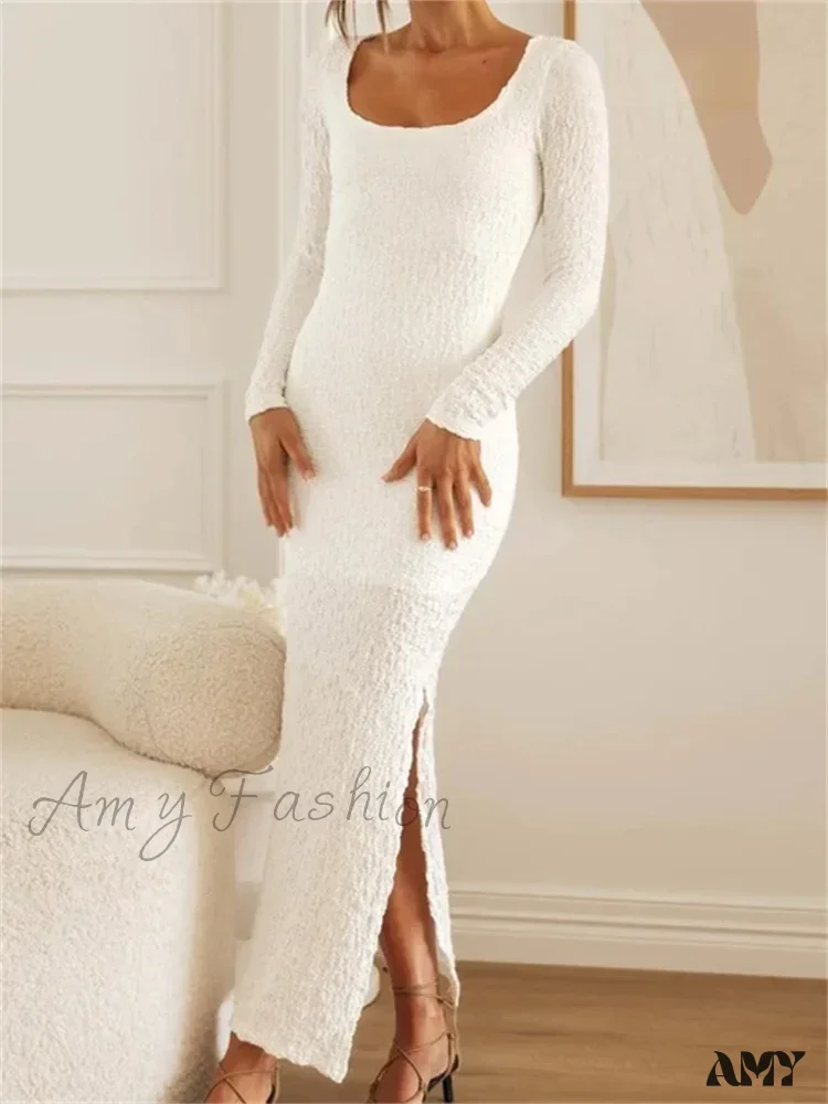 Amy Fashion - Elegant Women  Sleeve Ruched  Round Neck Low Cut Side High Split White Party Female Vestidos - Image 5