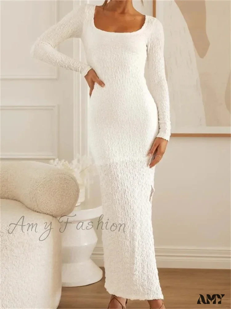 Amy Fashion - Elegant Women  Sleeve Ruched  Round Neck Low Cut Side High Split White Party Female Vestidos - Image 6