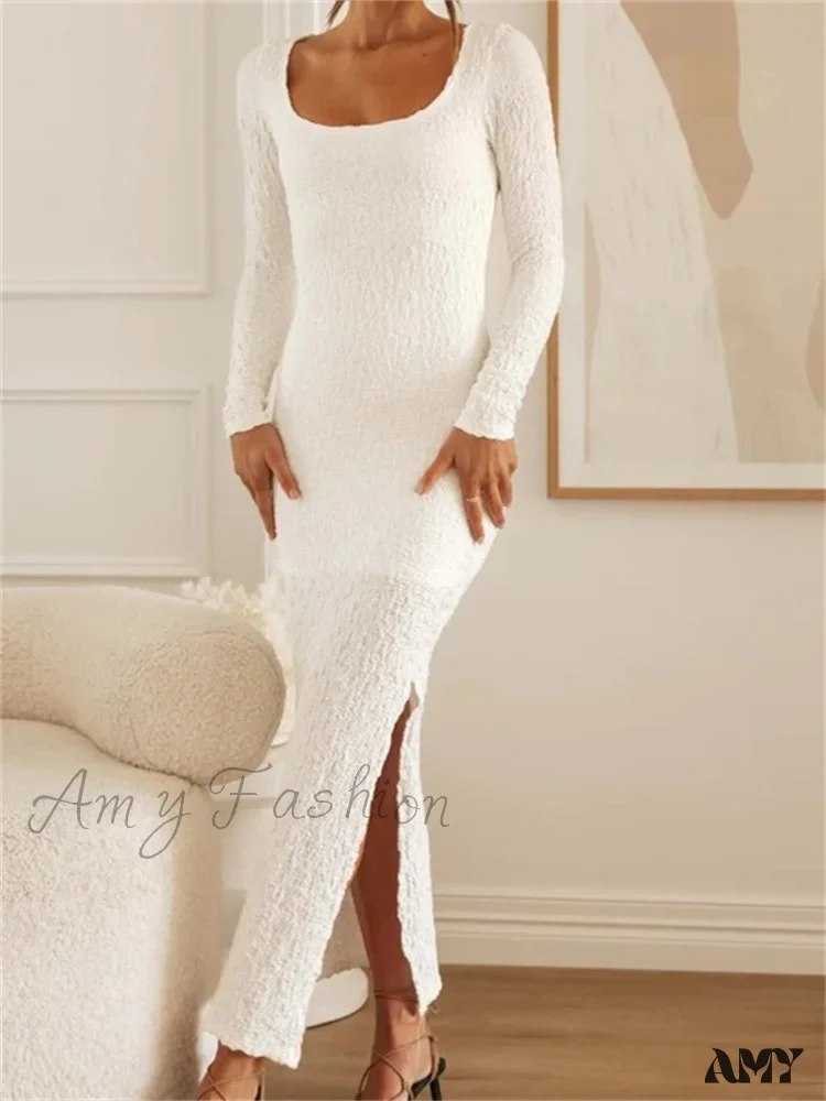 Amy Fashion - Elegant Women  Sleeve Ruched  Round Neck Low Cut Side High Split White Party Female Vestidos - Image 7