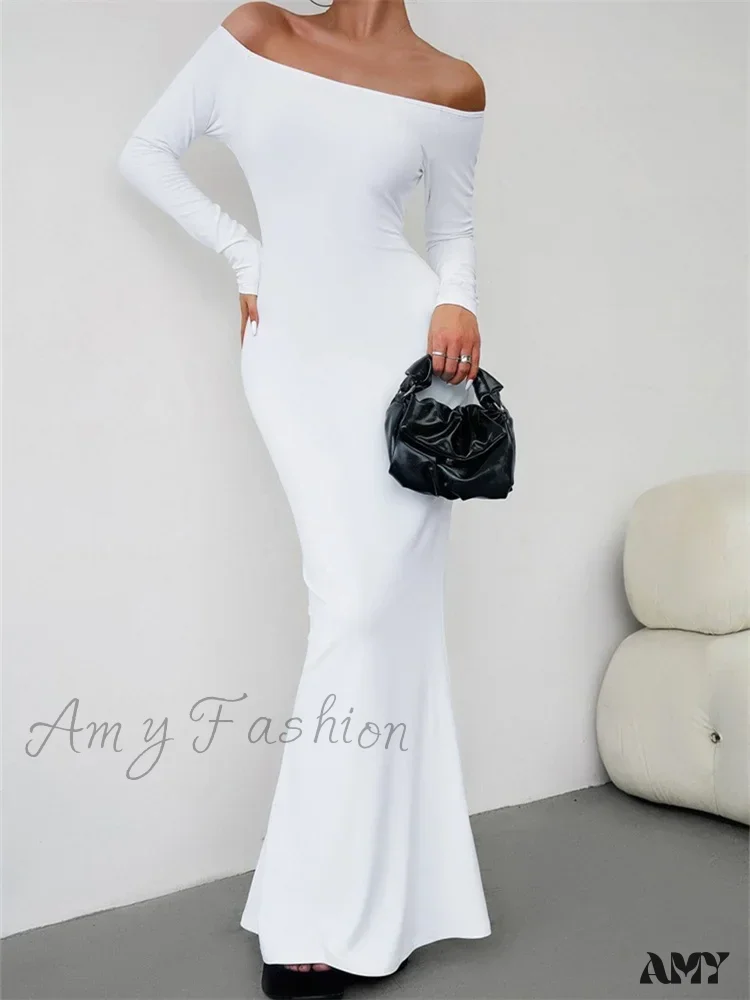 Amy Fashion - Elegant Women  Sleeve  Trumpet Solid Slash Neck Off-Shoulder Party Beach Cocktail Club Streetwear - Image 10