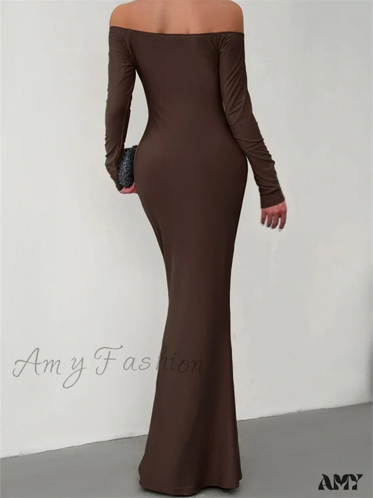 Amy Fashion - Elegant Women  Sleeve  Trumpet Solid Slash Neck Off-Shoulder Party Beach Cocktail Club Streetwear - Image 2
