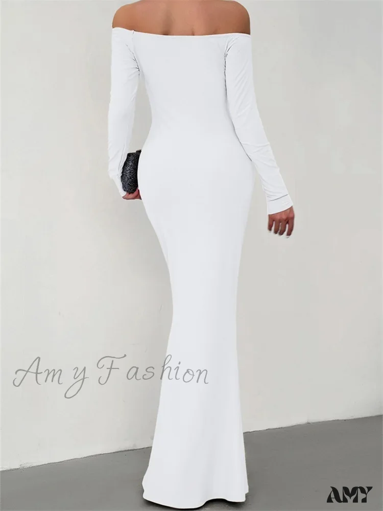 Amy Fashion - Elegant Women  Sleeve  Trumpet Solid Slash Neck Off-Shoulder Party Beach Cocktail Club Streetwear - Image 4