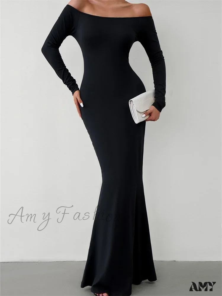 Amy Fashion - Elegant Women  Sleeve  Trumpet Solid Slash Neck Off-Shoulder Party Beach Cocktail Club Streetwear - Image 5