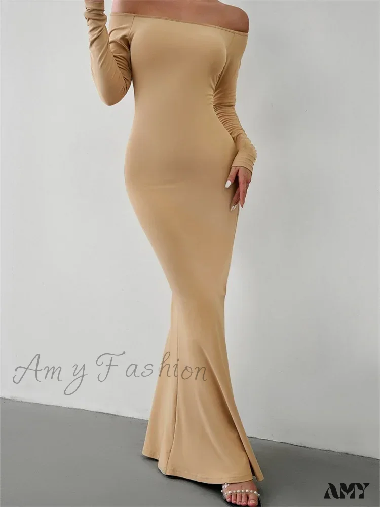 Amy Fashion - Elegant Women  Sleeve  Trumpet Solid Slash Neck Off-Shoulder Party Beach Cocktail Club Streetwear - Image 6