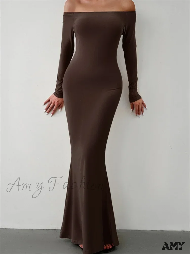 Amy Fashion - Elegant Women  Sleeve  Trumpet Solid Slash Neck Off-Shoulder Party Beach Cocktail Club Streetwear - Image 8