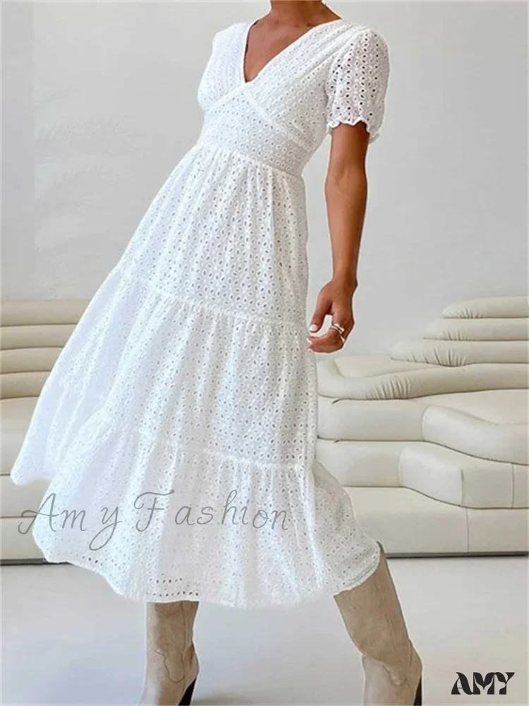 Amy Fashion - Elegant Women Summer Short Sleeve A-Line Solid V-neck Lace Floral Backless Tie-up  Party Vestido - Image 2