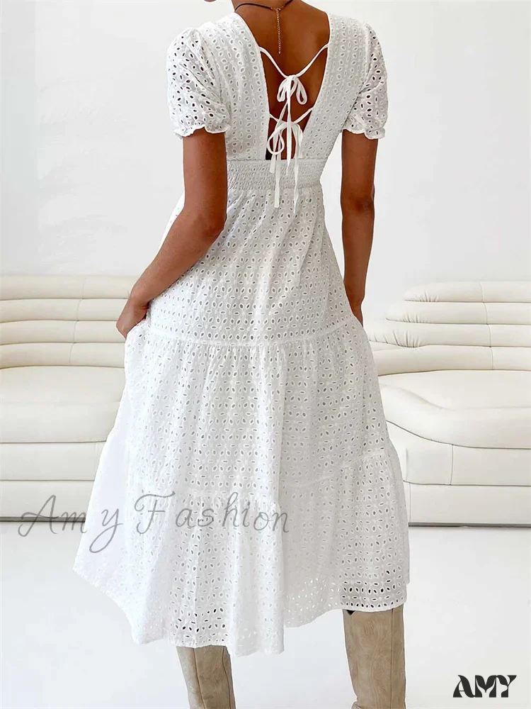 Amy Fashion - Elegant Women Summer Short Sleeve A-Line Solid V-neck Lace Floral Backless Tie-up  Party Vestido - Image 3