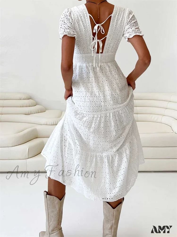 Amy Fashion - Elegant Women Summer Short Sleeve A-Line Solid V-neck Lace Floral Backless Tie-up  Party Vestido - Image 4
