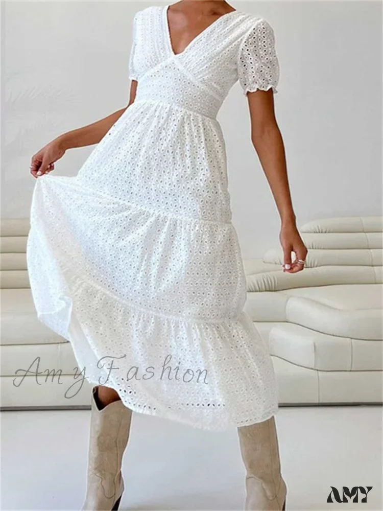 Amy Fashion - Elegant Women Summer Short Sleeve A-Line Solid V-neck Lace Floral Backless Tie-up  Party Vestido - Image 5