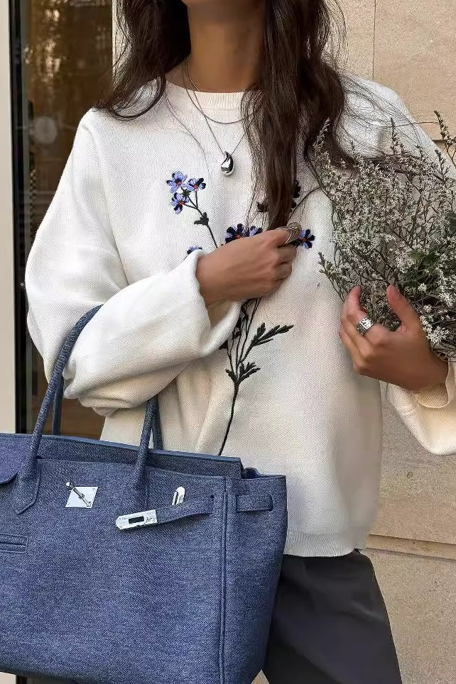 Embroidered Casual Long Sleeve Knit Sweater - Image 2