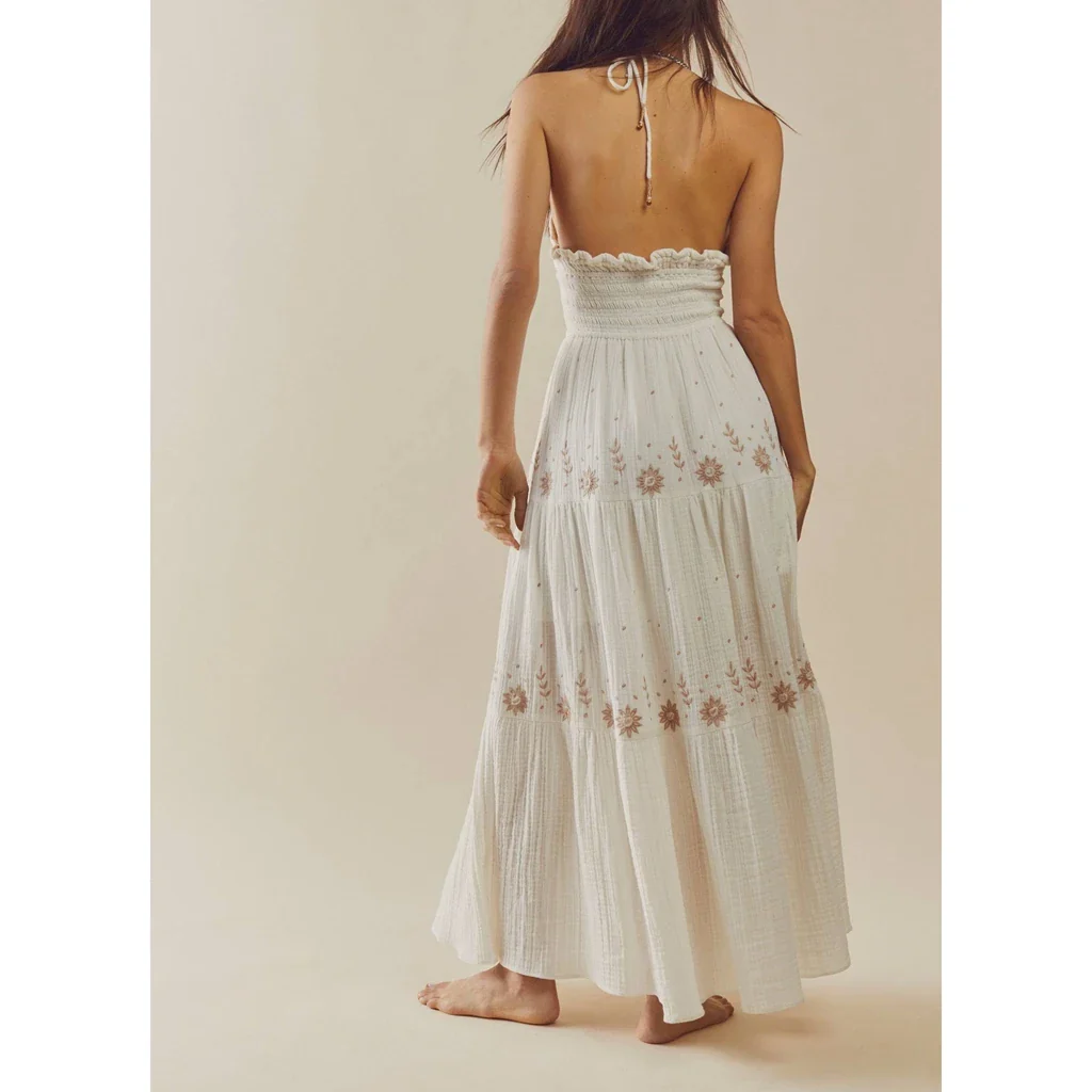 Embroidered Halter Smocked Vacation Dress - Image 2