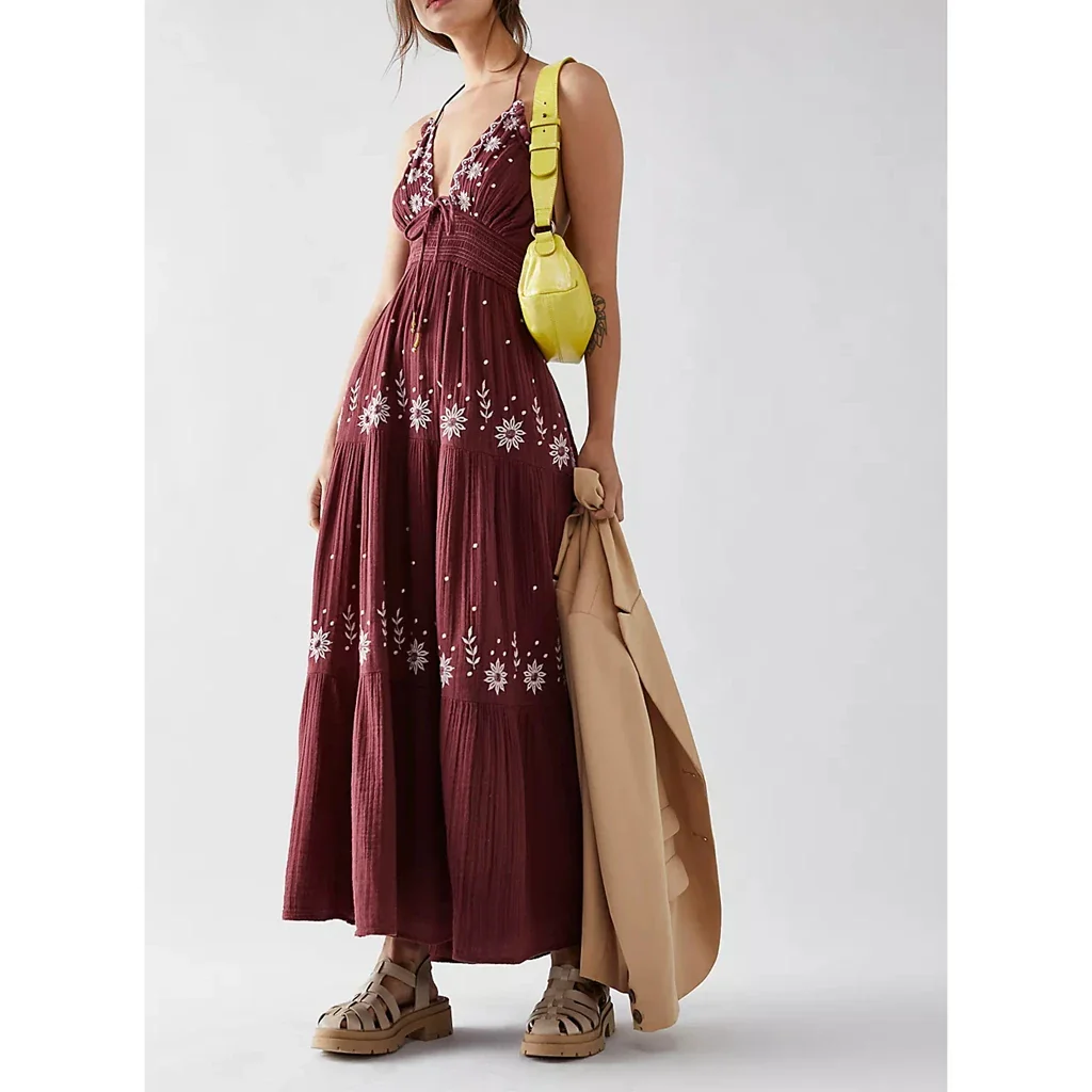 Embroidered Halter Smocked Vacation Dress - Image 3