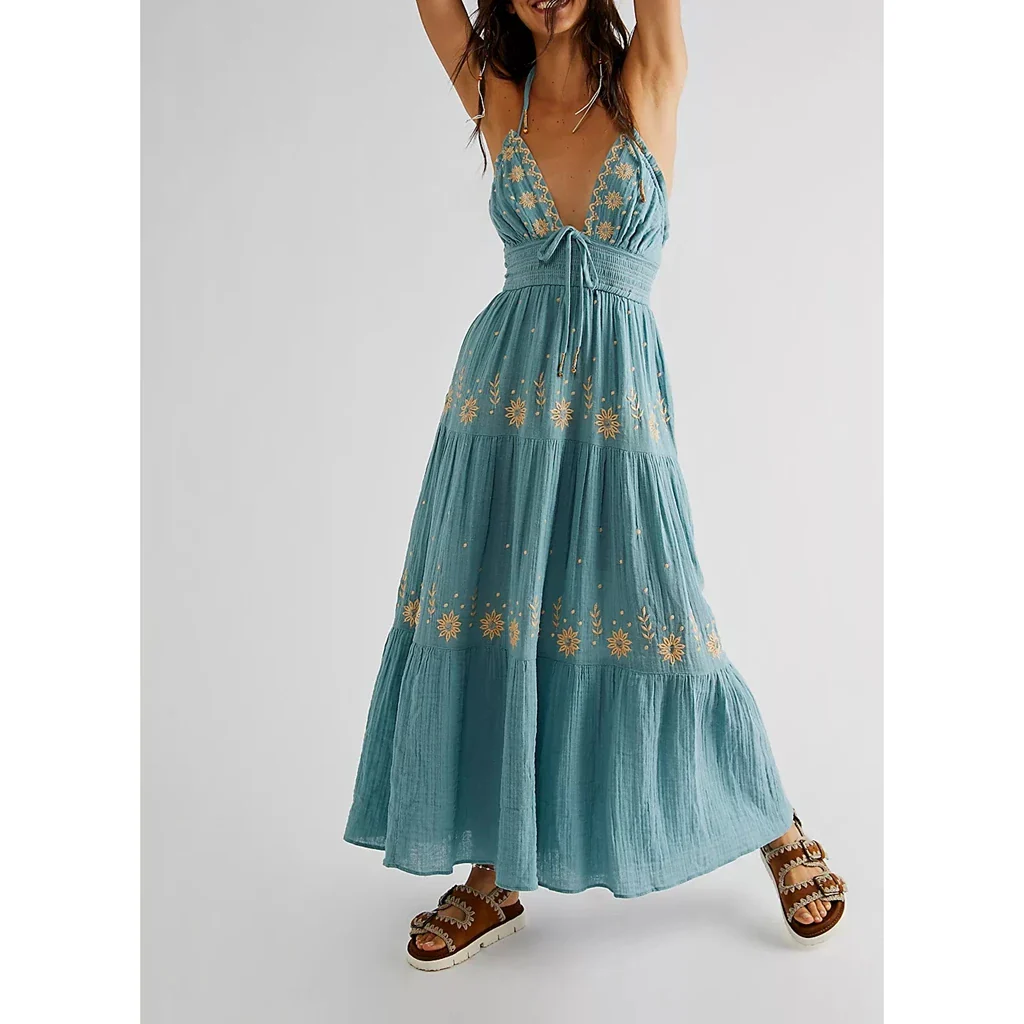 Embroidered Halter Smocked Vacation Dress - Image 4