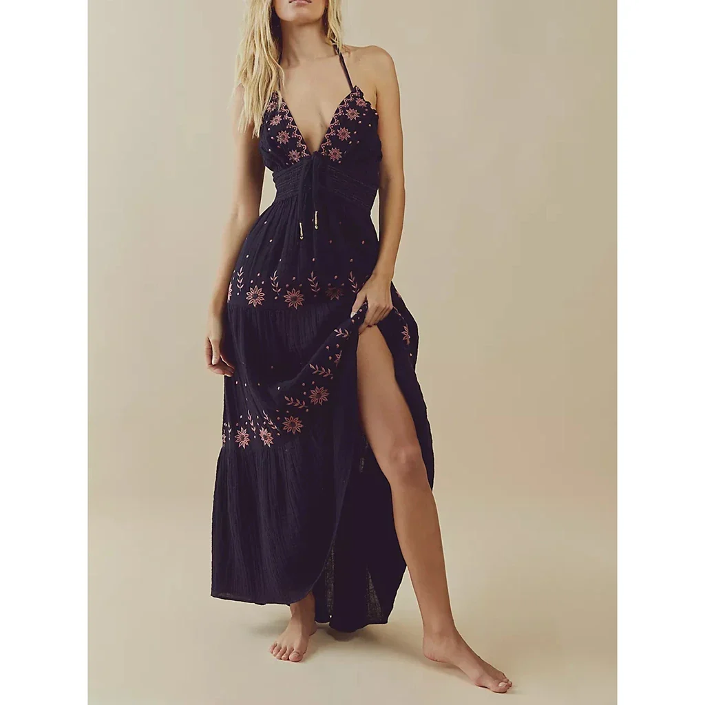 Embroidered Halter Smocked Vacation Dress - Image 5