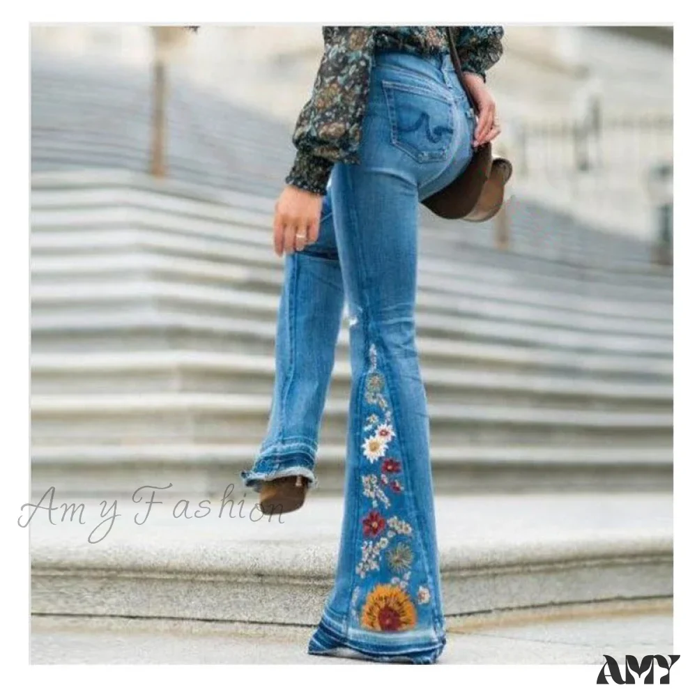 Amy Fashion - Embroidered Denim Bell Bottom Pants