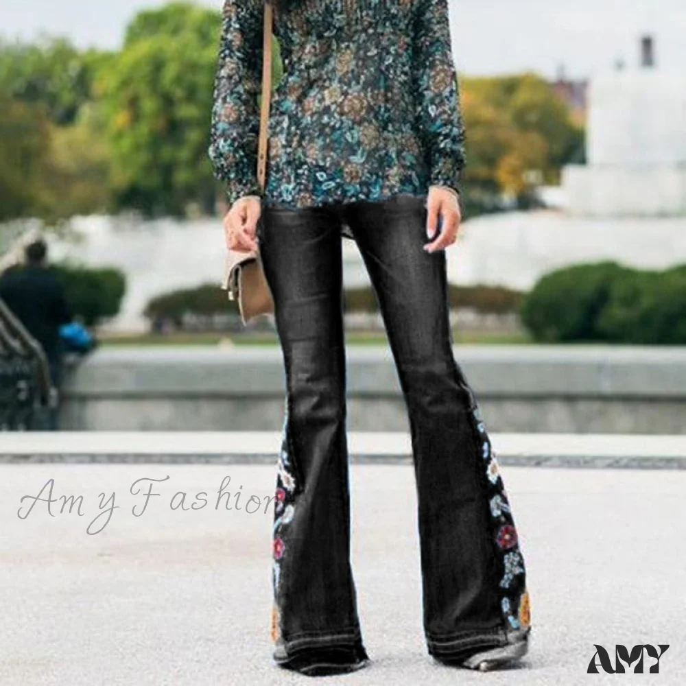 Amy Fashion - Embroidered Denim Bell Bottom Pants - Image 2