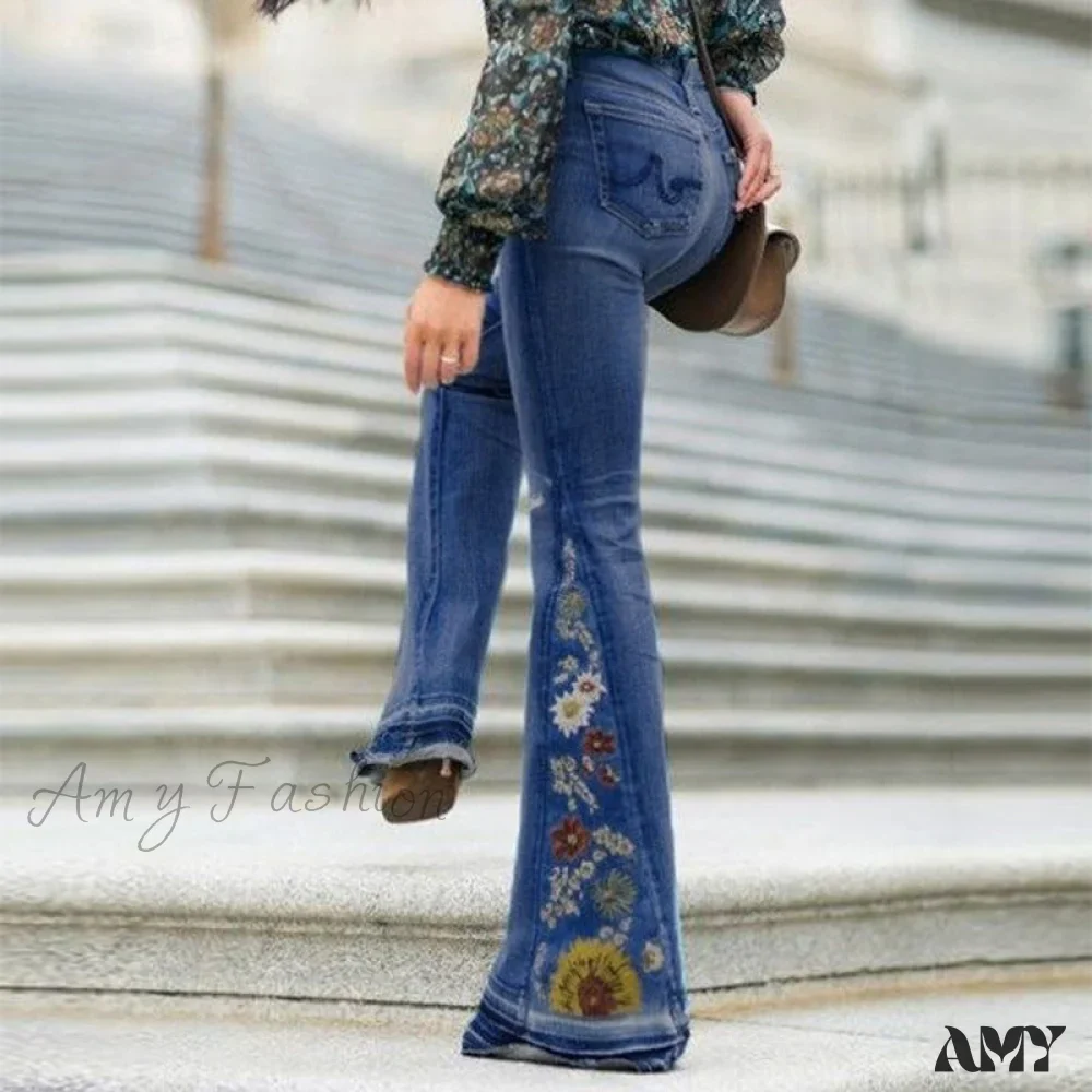 Amy Fashion - Embroidered Denim Bell Bottom Pants - Image 3