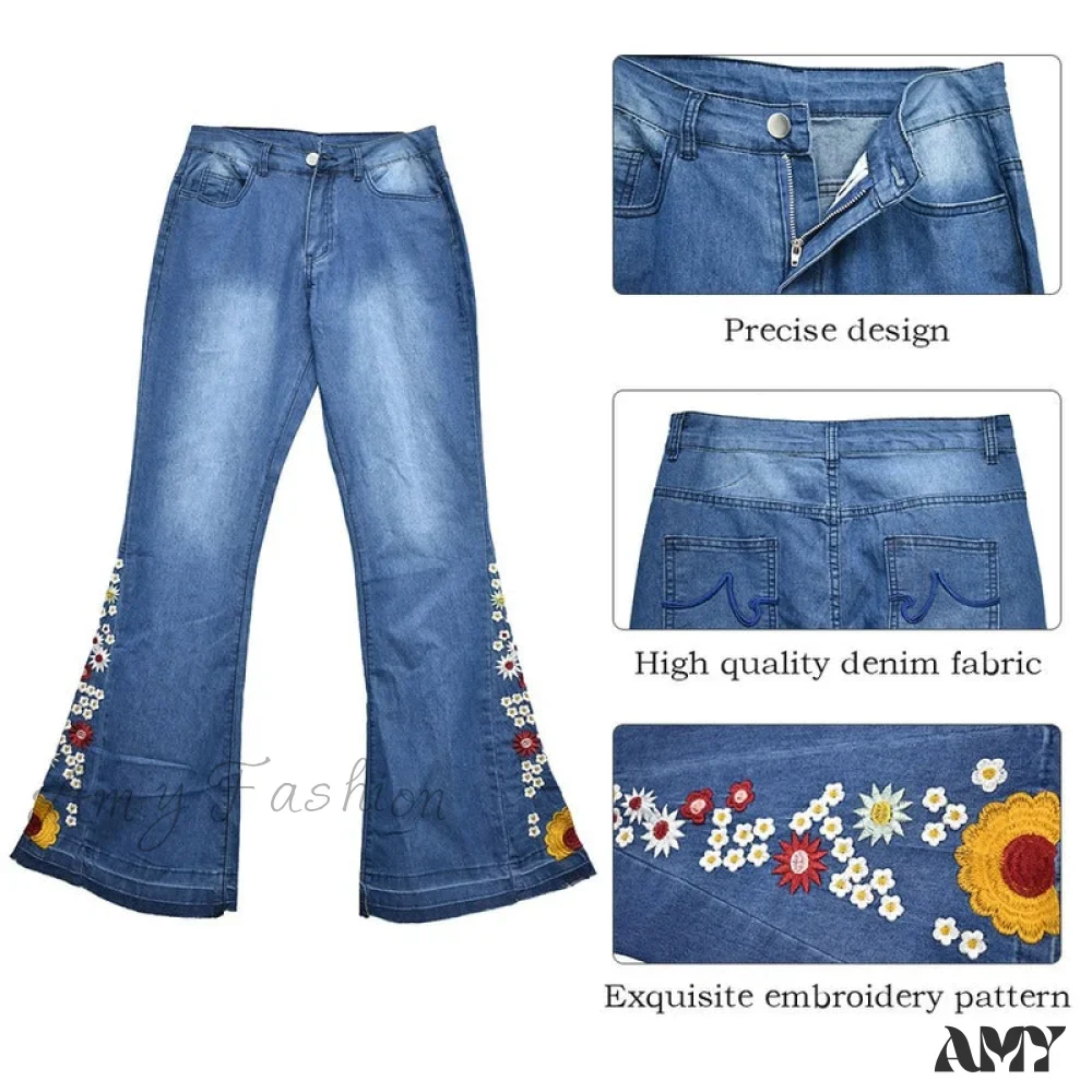 Amy Fashion - Embroidered Denim Bell Bottom Pants - Image 4