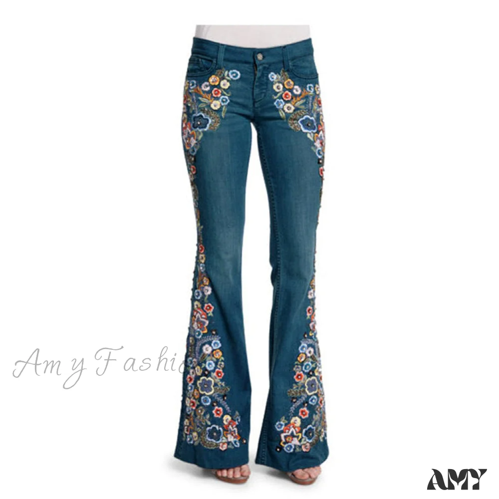 Amy Fashion - Embroidered Denim Bell Bottom Pants - Image 7