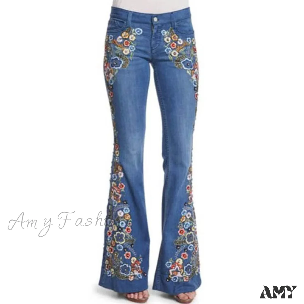 Amy Fashion - Embroidered Denim Bell Bottom Pants - Image 8