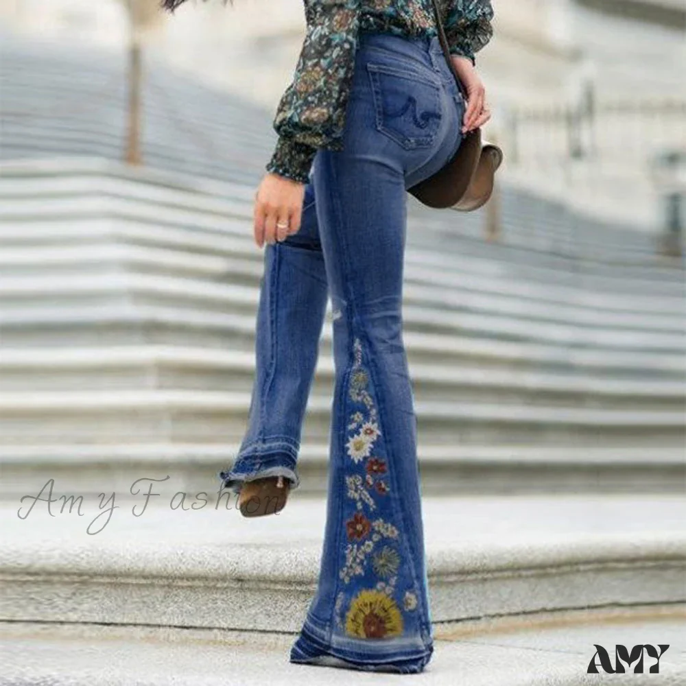 Amy Fashion - Embroidered Denim Bell Bottom Pants - Image 9