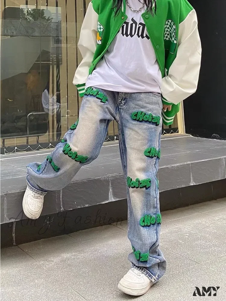Amy Fashion - Embroidery Hiphop Flocking Autumn Wide-leg Fashion High Waist Style Pants Jean - Image 2
