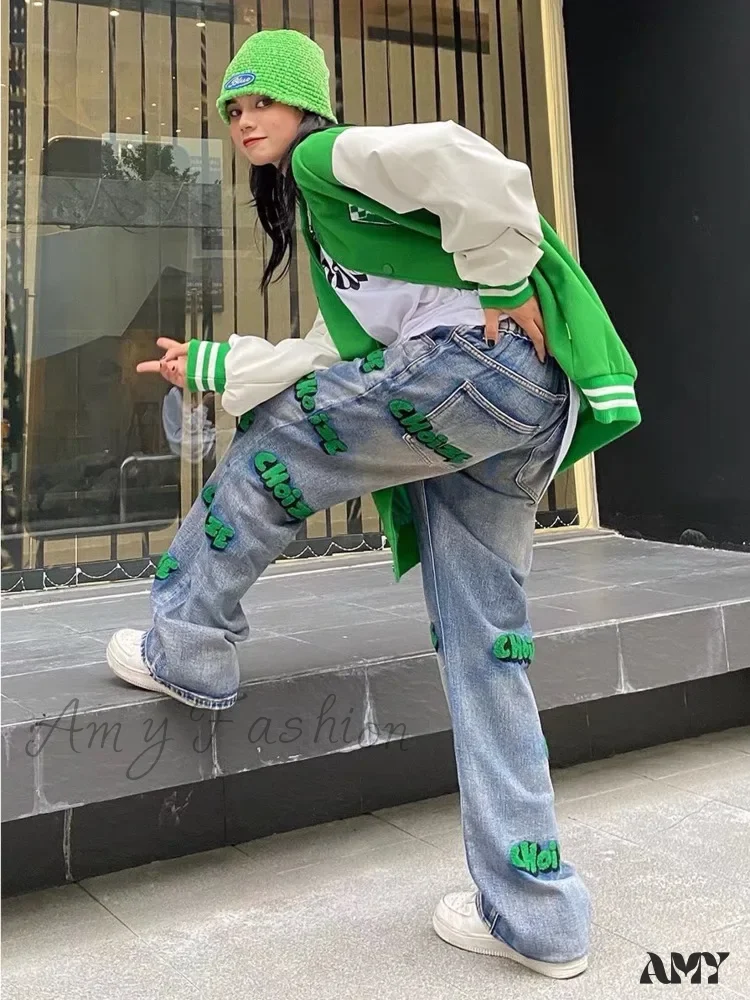 Amy Fashion - Embroidery Hiphop Flocking Autumn Wide-leg Fashion High Waist Style Pants Jean - Image 3