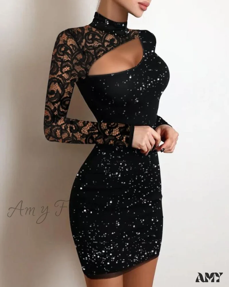 Amy Fashion - Glitter Contrast Lace Cutout Long Sleeve Bodycon Mini Dress - Image 3