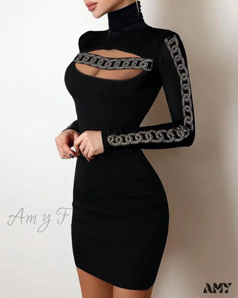 Amy Fashion - Glitter Contrast Lace Cutout Long Sleeve Bodycon Mini Dress - Image 5