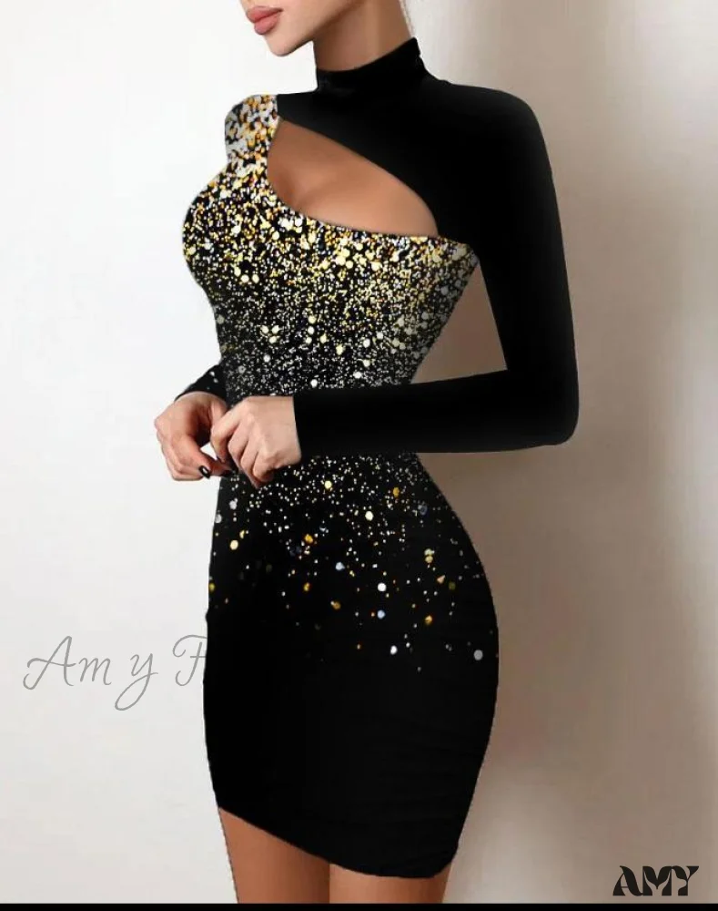 Amy Fashion - Glitter Contrast Lace Cutout Long Sleeve Bodycon Mini Dress - Image 6