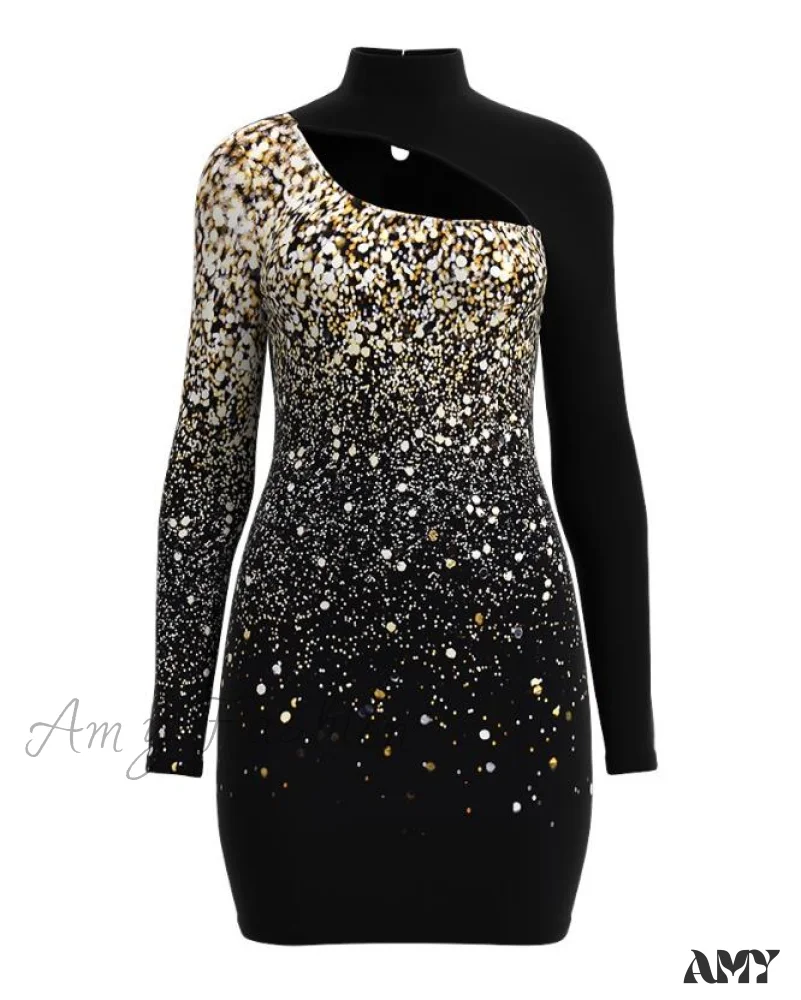 Amy Fashion - Glitter Contrast Lace Cutout Long Sleeve Bodycon Mini Dress - Image 7