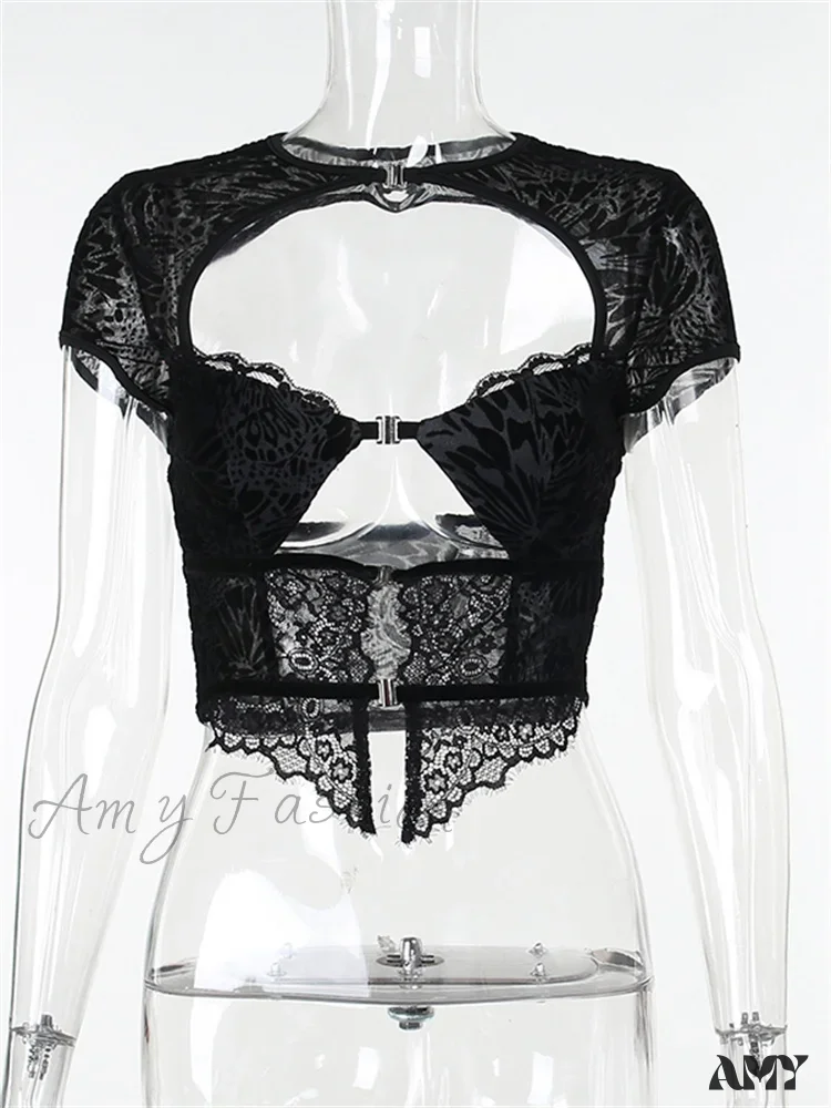 Amy Fashion - Fairycore Grunge Lace Backless Hollow Out Short Sleeve T-Shirts - Image 4