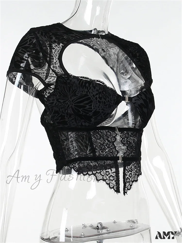 Amy Fashion - Fairycore Grunge Lace Backless Hollow Out Short Sleeve T-Shirts - Image 5