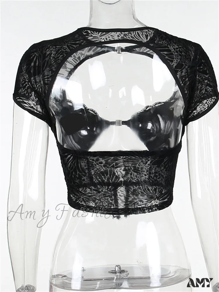Amy Fashion - Fairycore Grunge Lace Backless Hollow Out Short Sleeve T-Shirts - Image 6