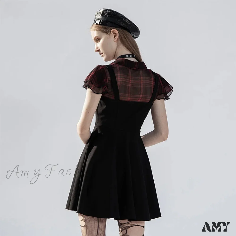 Falbala Short Sleeves A-line Rivets Ruffle V-neck Sexy Plaid Splicing Gothic Dress - Image 3