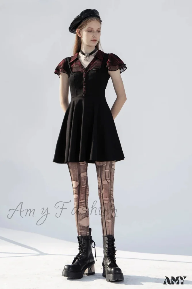 Falbala Short Sleeves A-line Rivets Ruffle V-neck Sexy Plaid Splicing Gothic Dress - Image 4