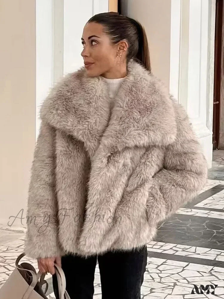 Fashion Faux Fur Cropped Autumn Winter Lapel Long Sleeve Thick Warm Chic Coat - Image 2