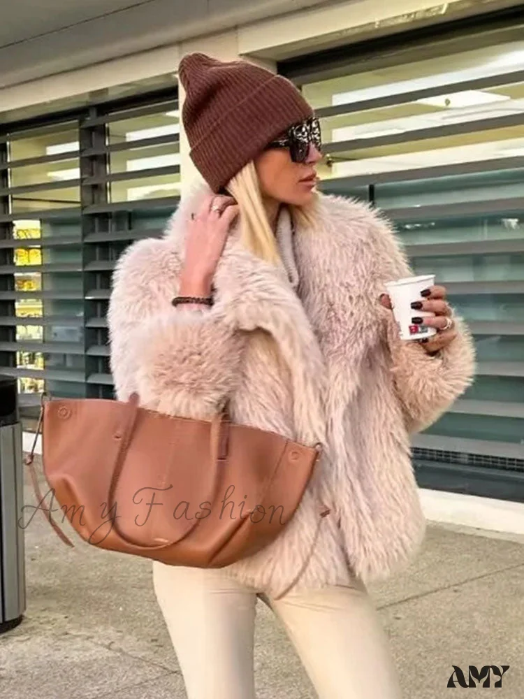Fashion Faux Fur Cropped Autumn Winter Lapel Long Sleeve Thick Warm Chic Coat - Image 3