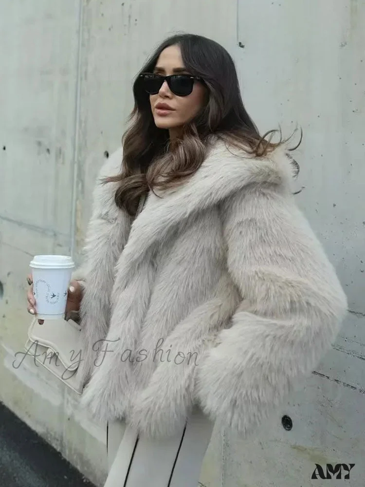 Fashion Faux Fur Cropped Autumn Winter Lapel Long Sleeve Thick Warm Chic Coat - Image 4
