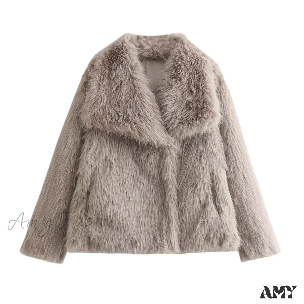 Fashion Faux Fur Cropped Autumn Winter Lapel Long Sleeve Thick Warm Chic Coat - Image 5