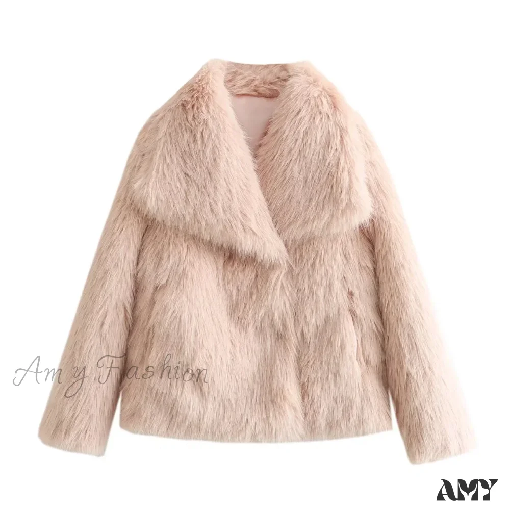 Fashion Faux Fur Cropped Autumn Winter Lapel Long Sleeve Thick Warm Chic Coat - Image 6