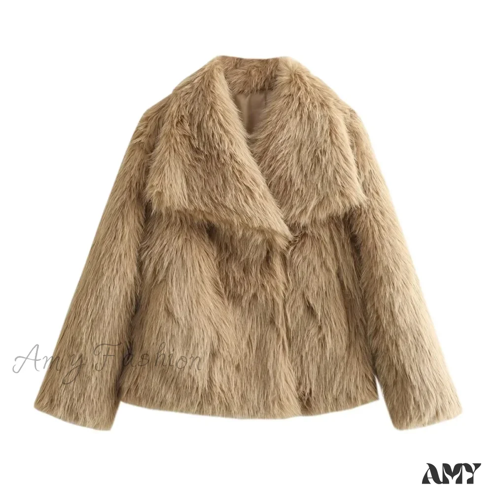 Fashion Faux Fur Cropped Autumn Winter Lapel Long Sleeve Thick Warm Chic Coat - Image 7