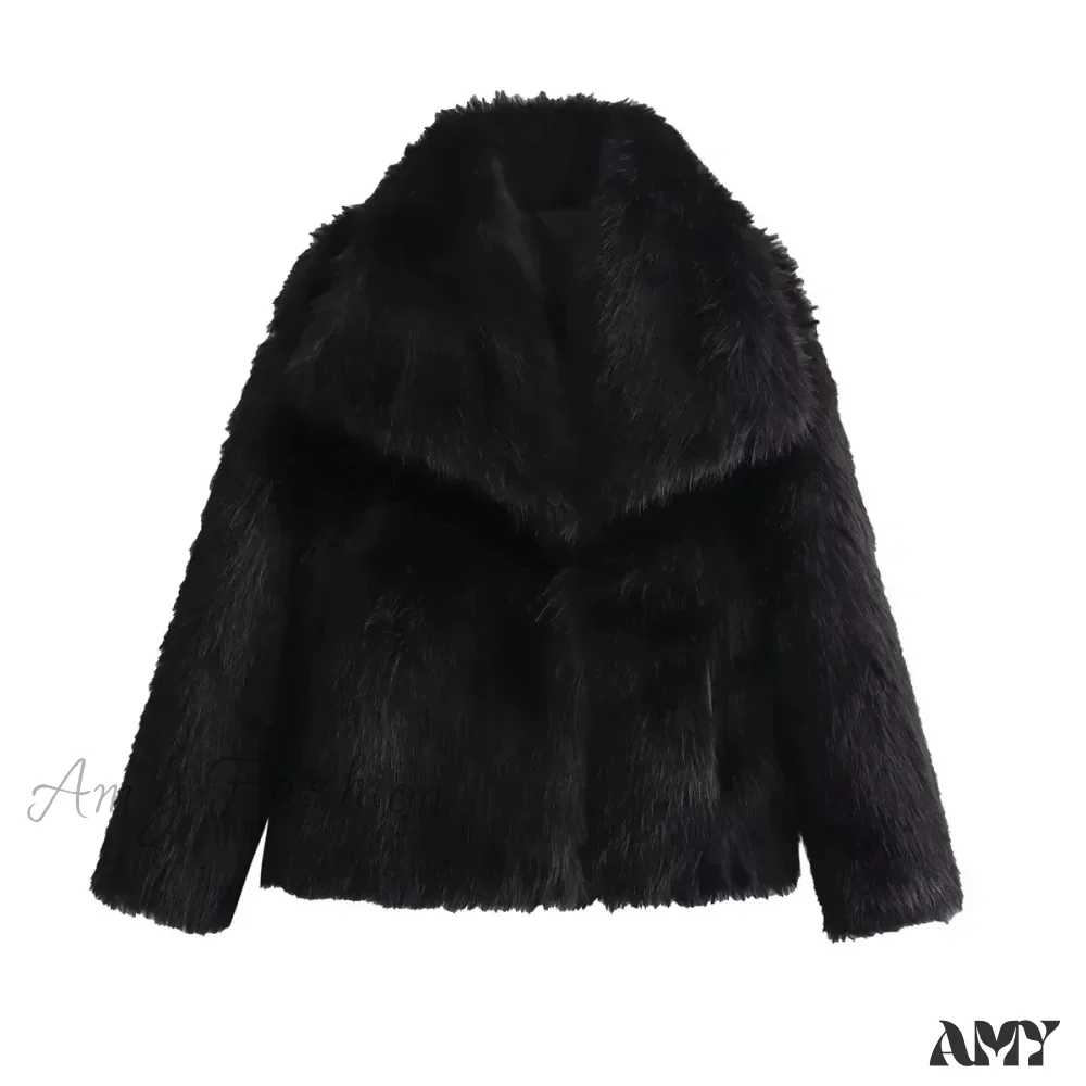 Fashion Faux Fur Cropped Autumn Winter Lapel Long Sleeve Thick Warm Chic Coat - Image 8