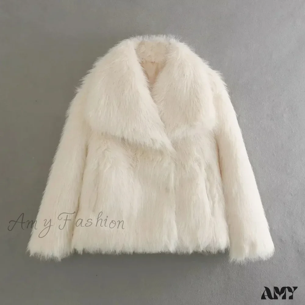 Fashion Faux Fur Cropped Autumn Winter Lapel Long Sleeve Thick Warm Chic Coat - Image 9