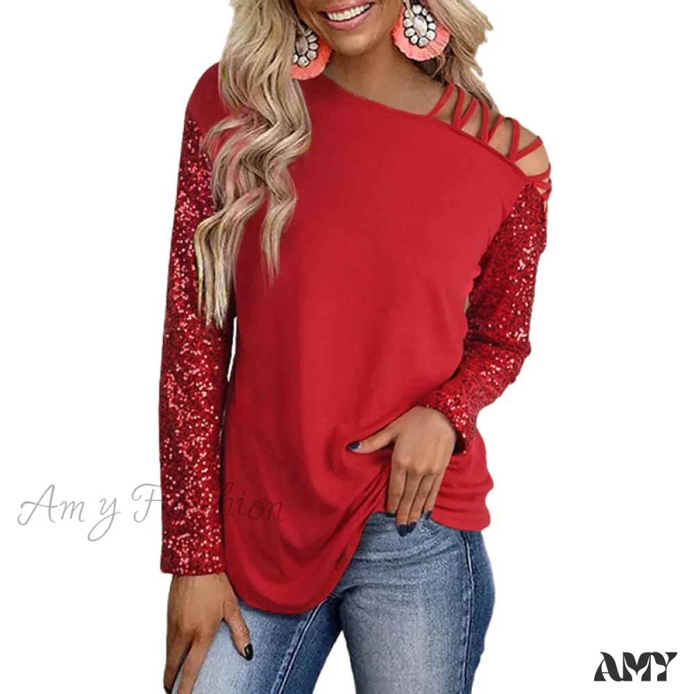 Amy Fashion - Hollow Out Sequin One Side Cold Shoulder Shiny T-shirt - Image 3